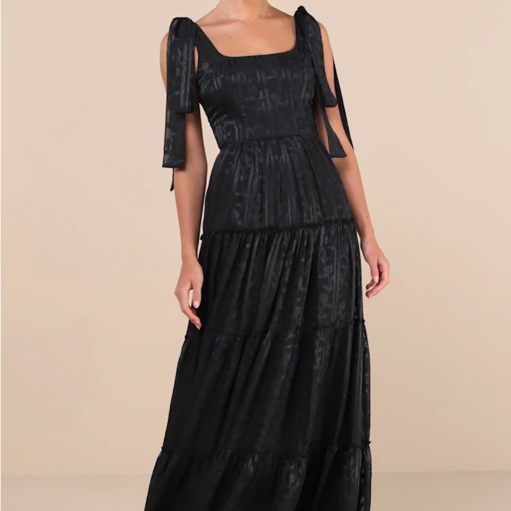 Picturesque Allure Black Jacquard Tie-Strap Maxi Dress